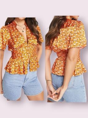 Topshop Unique Aster Top Peplum Floral Flutter Sleeve Plunge Neck Orange Size 4